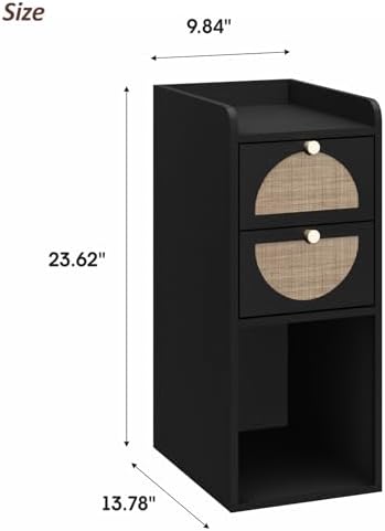 Narrow Nightstand Set of 2 (Rattan & Wood) - Small Bedside Table with 2 Drawers, Open Shelf, Mid Century Modern End Table - for Bedroom, Living Room & Small Spaces, Black