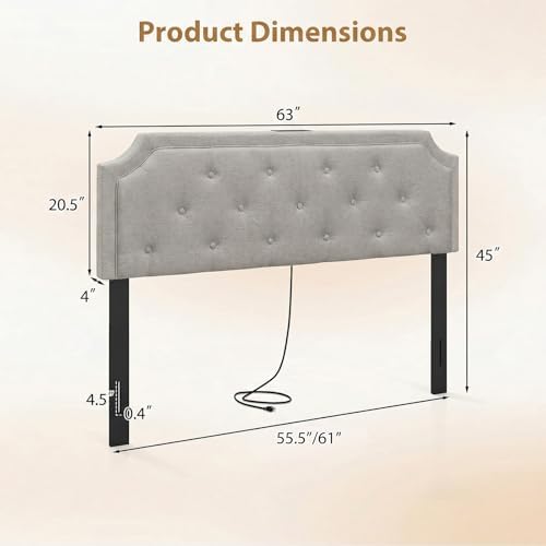 GIANTEX Headboard with Charging Station, Queen/Full Size Diamond Tufted Upholstered Head Board w/2 AC Outlets, USB & Type-C Ports, Rubber Wood Legs, Width Adjustable Modern Bed Headboard Only (Grey)
