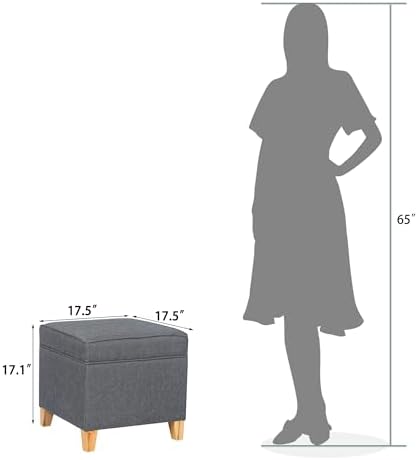 Adeco 17.5" Square Fabric Ottoman with Storage, Upholstered Cotton Linen Foot Rest, Flip Top Footstool, Small Cube Coffee Table Extra Seat for Living Room, Bedroom, Grey with Burlywood Legs