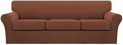 Turquoize 4 Piece Sofa Covers for 3 Cushion Couch Sofa Slipcover Soft Couch Cover for Dogs Washable Furniture Cover with 3 Individual Large Cushion Covers Feature Fabric (Large Sofa, Caramel)