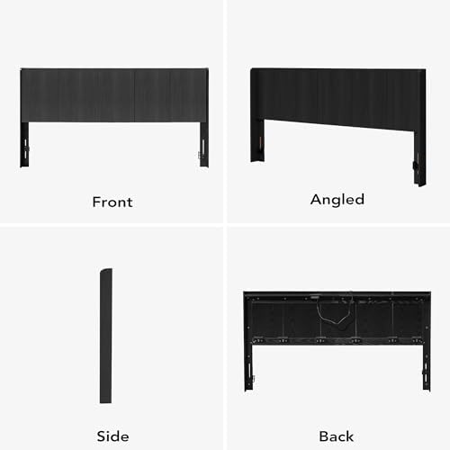 King Size Headboard Only, Wood Head Board with Charging Station & LED Lights, Modern Fluted Wall-Mounted Bed Headboards for Bedroom, Height Adjustable, Black