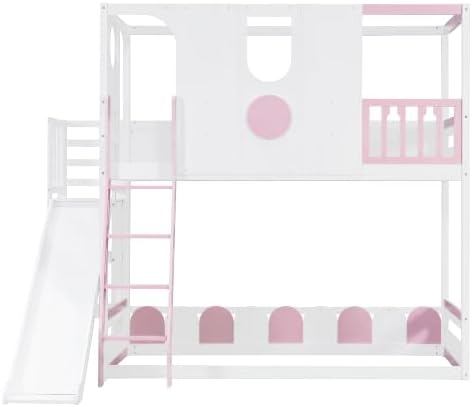 Merax Twin Size Playhouse Bunk Bed with Slide and Storage Shelves, Pink