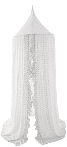 Wonder Space Elegant Kids Bed Canopy - Lace Chiffon Netting with Pom Pom, Princess Girls Fairy Dream Tent, Nursery Room Baby Crib Hanging Curtain Mosquito Net Children Reading Nook Decoration (White)