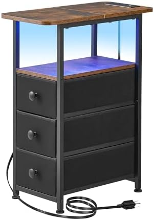 DALEMHOME Narrow End Table with Charging Station, Narrow Side Table with Drawer, Small Nightstand with LED Light, Skinny Nightstand, Small Bedside Table for Living Room, Bedroom, Couch, Rustic Brown