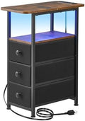 DALEMHOME Narrow End Table with Charging Station, Narrow Side Table with Drawer, Small Nightstand with LED Light, Skinny Nightstand, Small Bedside Table for Living Room, Bedroom, Couch, Rustic Brown