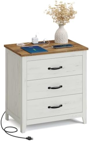 VASAGLE 23.6‑Inch Farmhouse Nightstand with Charging Station, 3 Drawers