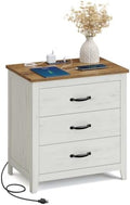 VASAGLE 23.6‑Inch Farmhouse Nightstand with Charging Station, 3 Drawers