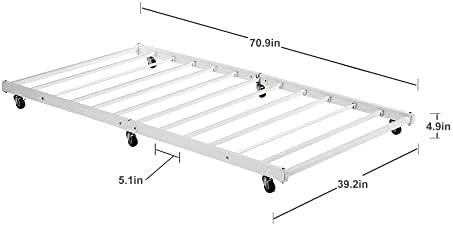 VECELO Twin Trundle Bed Frame Only/Roll Out/Enhanced & Up-Graded Metal Slats Support with Lockable Casters, White