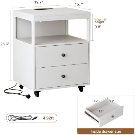 Bedroom Nightstand with Charging Station, Side Table with 2 Drawers,Sofa End Table Living Room with Wheels for Living Room Bedroom Office(White)
