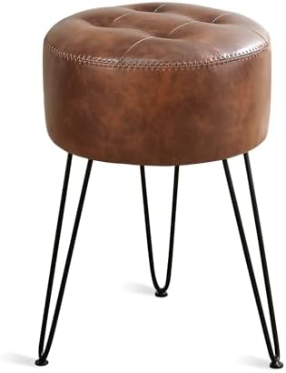 LUE BONA Reddish Brown Vanity Stool Chair for Makeup Room, Tufted Faux Leather Stool for Vanity, 19 inch Height, Vanity Chair with Metal Legs, Modern Foot Ottoman for Bedroom, Living Room