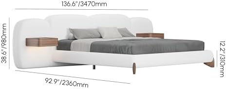 homary King Size Bed Frame Set with Wide Headboard & Floating Smart Nightstands, Modern Boucle Platform Bedroom Set with LED Sensor Lights, Wireless Charging & Walnut Wood Legs, No Box Spring Needed