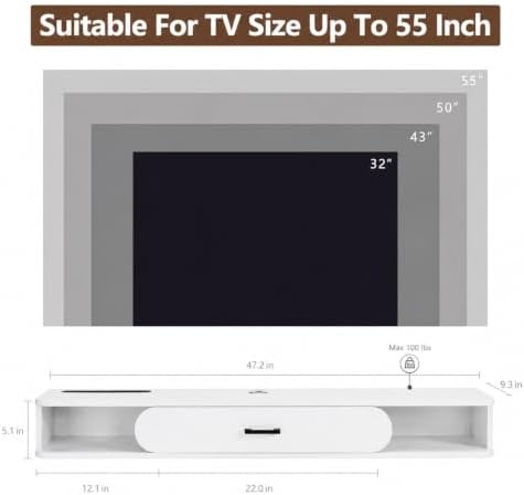 GHC Floating TV Stand, 55'' Wall Mounted TV Cabinet, Floating Shelves with Door, Media Console for DVD Player, Space-Saving Under TV Shelf for Bedroom & Living Room (White)