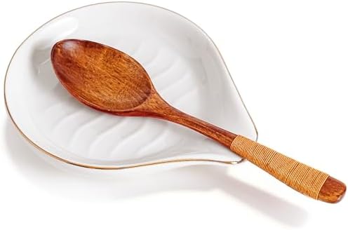 Ceramic Spoon Rest for Stove Top, 5 inch Gold Trim Spoon Holder for Kitchen Counter, Farmhouse Cooking Utensil Holder for Spoons, Ladles, Spatula, Glazed White