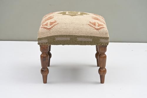 Handmade Jute Upholstered Ottoman Stool | Square Foot Rest with Wooden Legs | Decorative Accent Seating for Bedroom, Living Room, Entryway, Vanity & Hallway (Beige-Green)