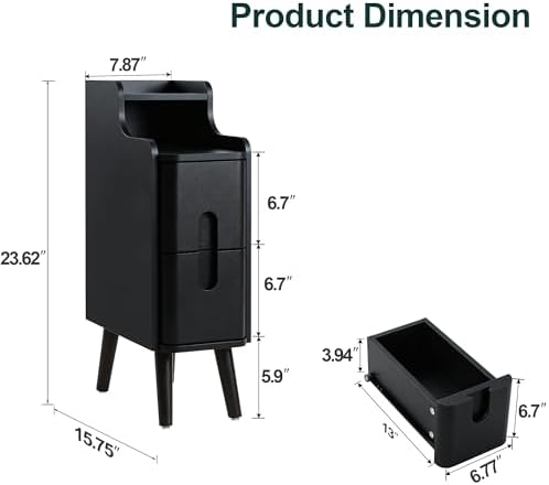 Black Narrow Nightstand, Wood 2 Drawer Small Nightstand, Slim Side Table, Modern Skinny End Bedside Table, Wood Night Stand with Drawers for Bedroom (Black-1 pc)
