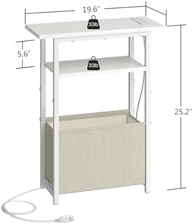 sthmec Narrow Side Table with Charging Station, Small End Table for Small Spaces, Skinny Nightstands with Storage Basket, 3 Tier Sofa Couch Bedside Tables for Living Room,Bedroom, White