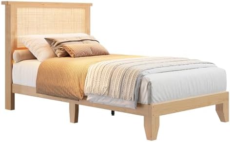 coucheta Bohemian Twin Rattan Bed LED Natural Headboard Bedroom