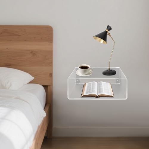 Acrylic Wall-Mounted Nightstand Floating Wall Nightstand Bedside Table Floating Side Table Wall Mounted Clear Shelf for Bedroom Bathroom (Clear)