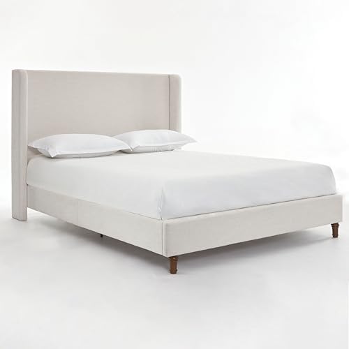 54" Tall Headboard California King Upholstered Platform Bed Frame with Wingback, Modern Tufted Fabric Bed with Solid Wood Legs, No Box Spring Needed, Textured Ivory Canvas