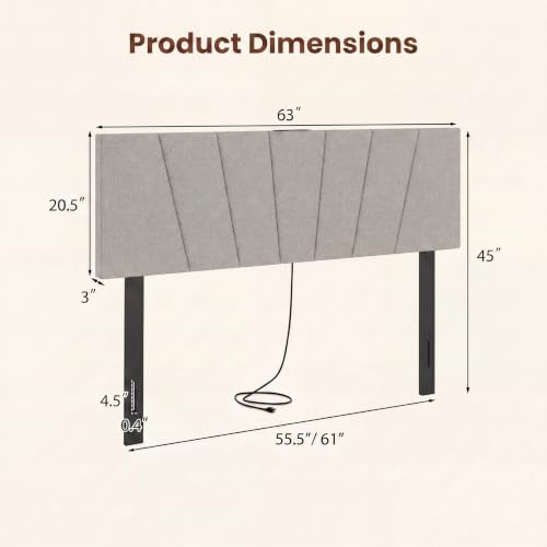 KOMFOTT Upholstered Full & Queen Headboard with Charging Station, Grey