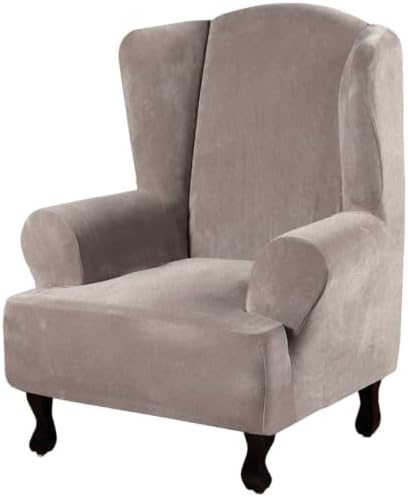 H.VERSAILTEX Wingback Chair Covers Velvet Plush Wing Chair Slipcover 1 Piece High Stretch Wing Back Chair Slipcovers Sofa Cover Furniture Cover with Elastic Bottom, Taupe