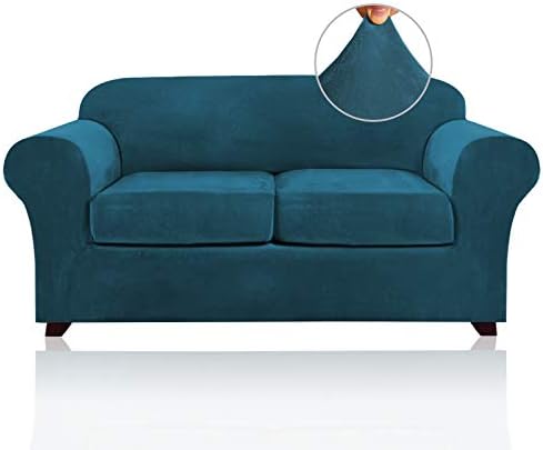 PrinceDeco Velvet Couch Cover Loveseat Covers for 2 Cushion Couch 3 Piece Sofa Covers for Dogs Washable Loveseat Covers Width Up to 72 Inch No Slip Stretch Sofa Slipcover(Medium,Deep Teal)