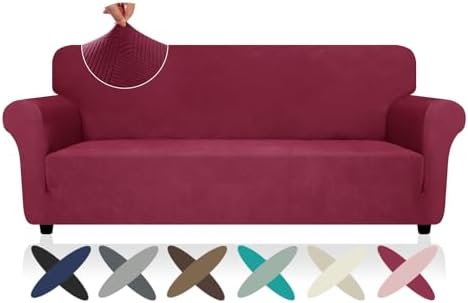 ZNSAYOTX Super Stretch Couch Cover (72"-92"), New Striped Sofa Covers Fitted Slipcovers with Elastic Bottom, Dog Cat Pets Proof Spandex Fabric Comfortable & Durable (Wine Red, Sofa)