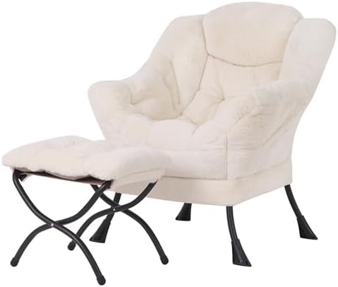 Welnow Lazy Chair with Ottoman, Reading Chair with Footrest, Cream