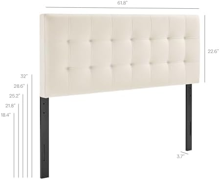 Modway Lily Performance Velvet Queen Size Headboard with Biscuit Tufting in Alabaster - Stain-Resistant Upholstery with Padded Design and 5 Height-Adjustable Mounts
