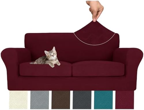 MAXIJIN 3 Piece Couch Covers for 2 Cushion Couch Sofa Cover, Stretch Loveseat Sofa Slipcovers for Sofas with 2 Large Cushions, Thick Dogs Pet Furniture Covers (71"-91", Wine Red)