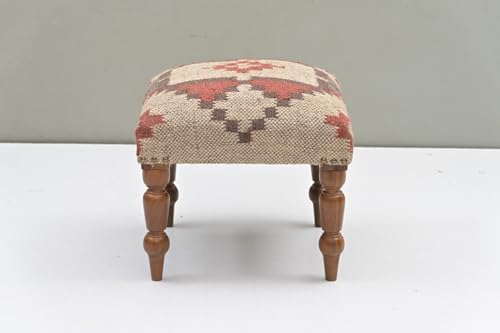 Handmade Jute Upholstered Ottoman Stool | Square Foot Rest with Wooden Legs | Decorative Accent Seating for Bedroom, Living Room, Entryway, Vanity & Hallway (Beige-Red)