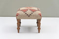 Handmade Jute Upholstered Ottoman Stool | Square Foot Rest with Wooden Legs | Decorative Accent Seating for Bedroom, Living Room, Entryway, Vanity & Hallway (Beige-Red)