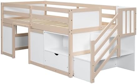Bellemave Twin Size Low loft Bed for Kids,Wood Loft Beds,Modern Farmhouse Twin loft Bed,Loft Bed with Desk and Storage, No Box Spring Needed,for Kids, Cream White and Natural