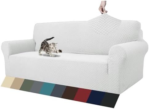 ZNSAYOTX 1 Piece Jacquard Couch Covers for 3 Cushion Couch Living Room High Stretch Sofa Cover Pets Dogs Friendly Anti Slip Thickened Slipcovers Furniture Protector (Large, White)