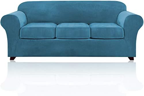 PrinceDeco Velvet Couch Covers for Sofa Soft 4 Pieces Couch Covers for 3 Cushion Couch Sofa Pet Friendly Furniture Protector with Non Slip Elastic Bottom Width Up to 90 Inch (Large, Blue)