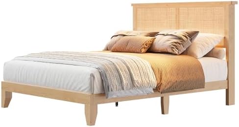 coucheta Bohemian Queen Rattan Bed LED Natural Headboard Bedroom