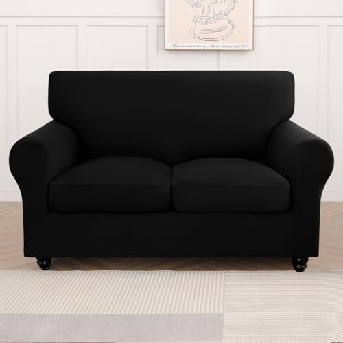 SearchI Stretch Sofa Cover Couch Cover, 3 Pieces Loveseat Slipcover with 2 Separate Cushion Cover, Washable Furniture Protector for Living Room(Loveseat, Silver Black)