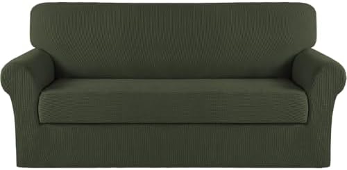 Turquoize Stretch Sofa Slipcover 2 Pieces Sofa Cover Couch Cover for 3 Cushion Couch Washable Furniture Protector Covers with Elastic Bottom Feature Thick Jacquard Fabric (Sofa, Olive)