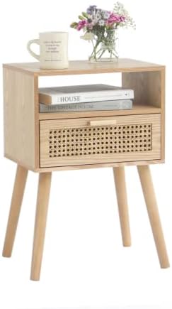 MaxSmeo Modern Nightstand Rattan Side End Table with Storage, for Living Room, Bedroom and Small Spaces, Accent Bedside Farmhouse Tables with Solid Wood Legs, Easy Assembly (Natural Walnut)