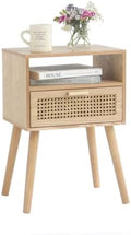 MaxSmeo Modern Nightstand Rattan Side End Table with Storage, for Living Room, Bedroom and Small Spaces, Accent Bedside Farmhouse Tables with Solid Wood Legs, Easy Assembly (Natural Walnut)
