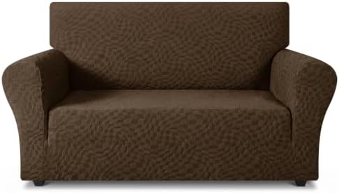 ZNSAYOTX 1 Piece Stretch Loveseat Covers for 2 Cushion Couch (55"-71"), New Plaid Couch Cover with Non-Slip Buckle for Dog Pets, Soft Cozy Washable Sofa Slipcover Form Fit Protector, Coffee