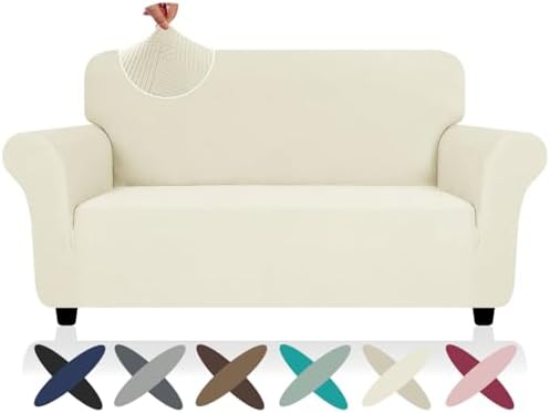 ZNSAYOTX Super Stretch Loveseat Covers (57"-70"), New Striped Love Seat Slipcover, Dogs Pet Friendly Anti-Slip Couch Protector Spandex Durable 2 Seater Fabric Sofa Cover (Beige, Loveseat)