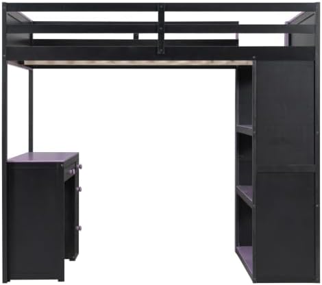 LUMISOL Full Gaming Loft Bed with Desk and Storage Shelves, Solid Wood Loft Bed with Drawers and Computer Desk for Teens, Space Saving High Loft Bed Frame for Kids Bedroom Purple