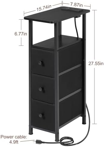 LOAKEKEL Narrow End Table with Charging Station, Small Nightstand