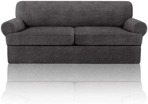 3 Pieces Sofa Covers fot T Cushion Loveseat Slipcover, Sofa Stretch Slip Covers for 2 Cushion Couch with 2 Individual T Shape Seat Covers (Dark Gray, 2 Cushion)