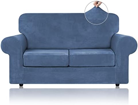 WEERRW Velvet Stretch 3 Pieces Couch Cover for Sofa Washable, Light Blue