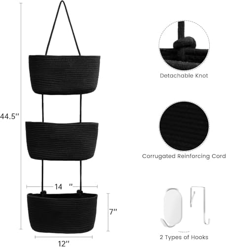 Hanging Basket, Over Door Organizer, 3 -Tier Wall Storage with Hook