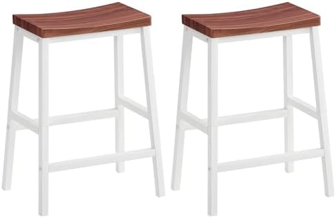 HOOBRO Bar Stools, Set of 2 Bar Chairs, 23.6 Inch Saddle Stools, Kitchen Counter Seat with Footrests, Industrial Barstools for Dining Room, Kitchen, Counter, Bar, Walnut and White HW02MD01