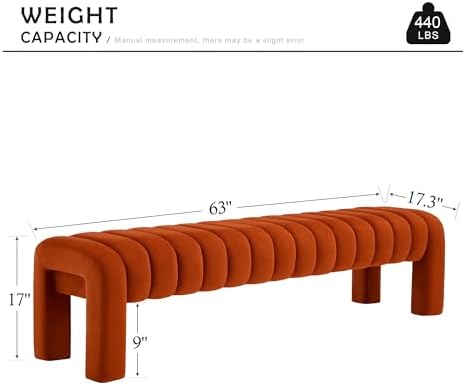 63" Bedroom Bench, Upholstered Entryway Bench, Modern End of Bed Ottoman with Solid Wood Legs and Adjustable Foot Pegs for Entryway, Dining Room and Living Room (Rust Velvet)