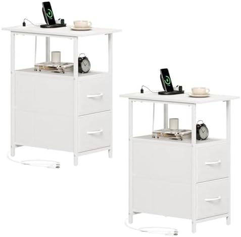 Somdot End Table Set of 2 with Charging Station, 2 Drawers, Slim Side Table